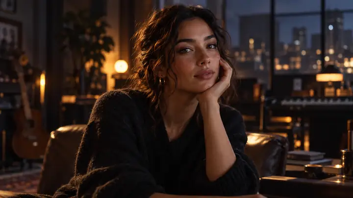Dramatically lit character looking toward camera in a cinematic interior, video still.