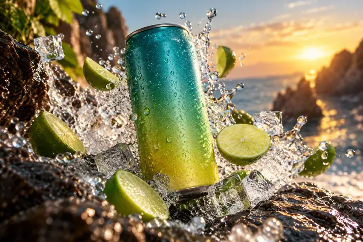 Chilled citrus drink surrounded by splashing water and floating lime slices, dramatic product photography.
