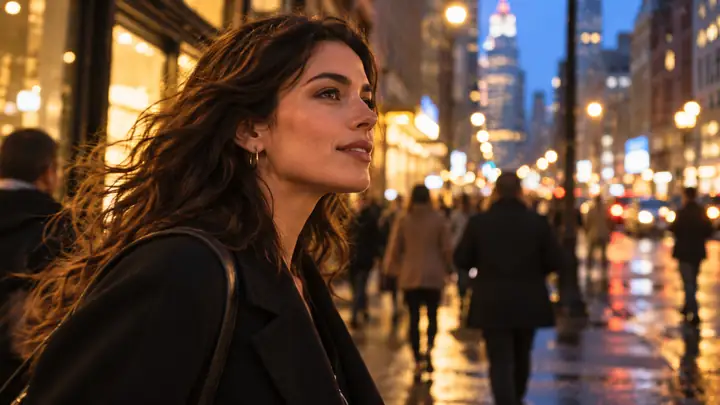 Woman moving through a lively city street, cinematic side-profile video still.