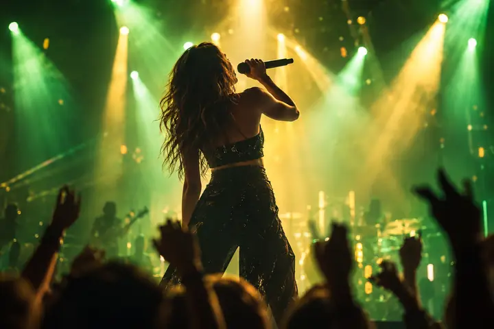 Singer onstage beneath vivid green and gold spotlights, atmospheric concert photography.