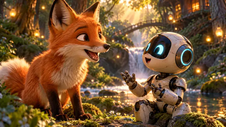 Expressive orange fox and small robot in a luminous forest, cinematic animated close-up.