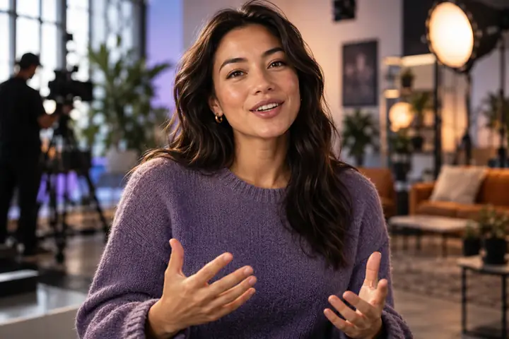 Friendly presenter in a modern softly lit studio, close-up editorial video still.