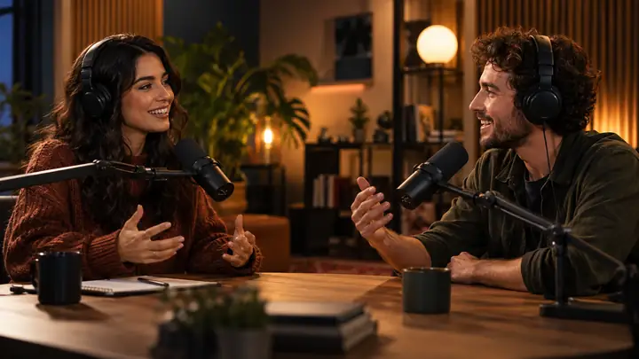 Two presenters speaking into microphones in a warm recording studio, editorial video thumbnail.