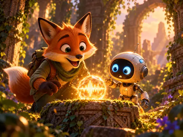 Animated fox and robot discovering a glowing crystal.