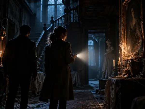 Characters exploring a mysterious dark house.