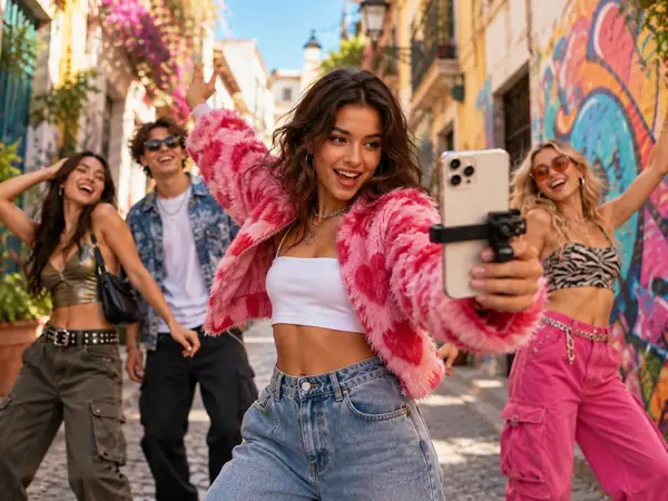 Creator filming street fashion with friends.