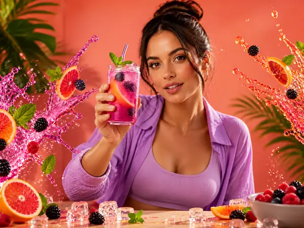 Creator presenting a colourful beverage product.