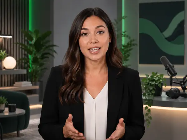 Digital presenter speaking in a modern studio.