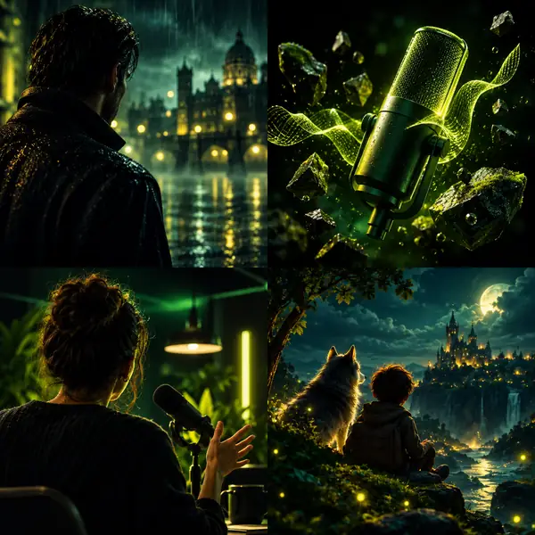 Four video scenes showing cinematic characters, a product visual, a presenter, and an animated story.