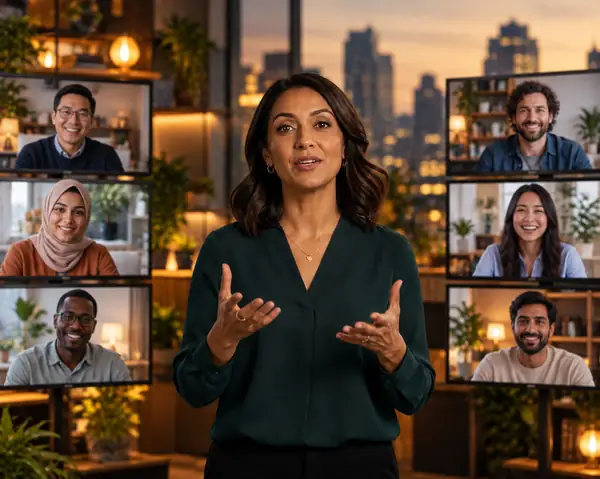 Presenter addressing a multilingual video audience.