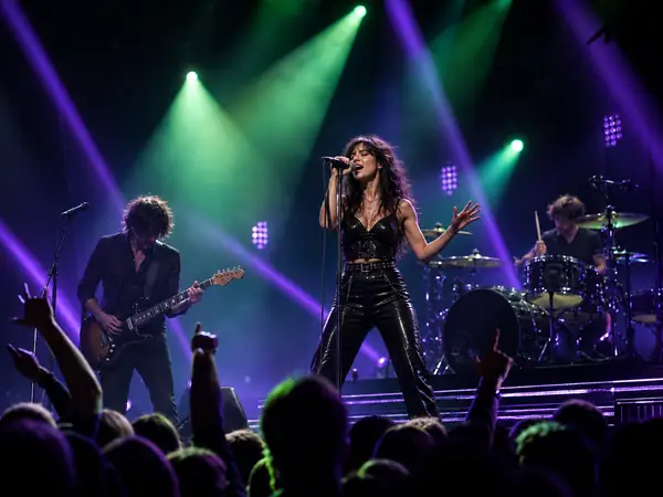 Singer and band performing beneath vivid concert lights.