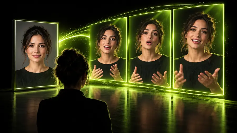 AI-generated video scene with a speaking character